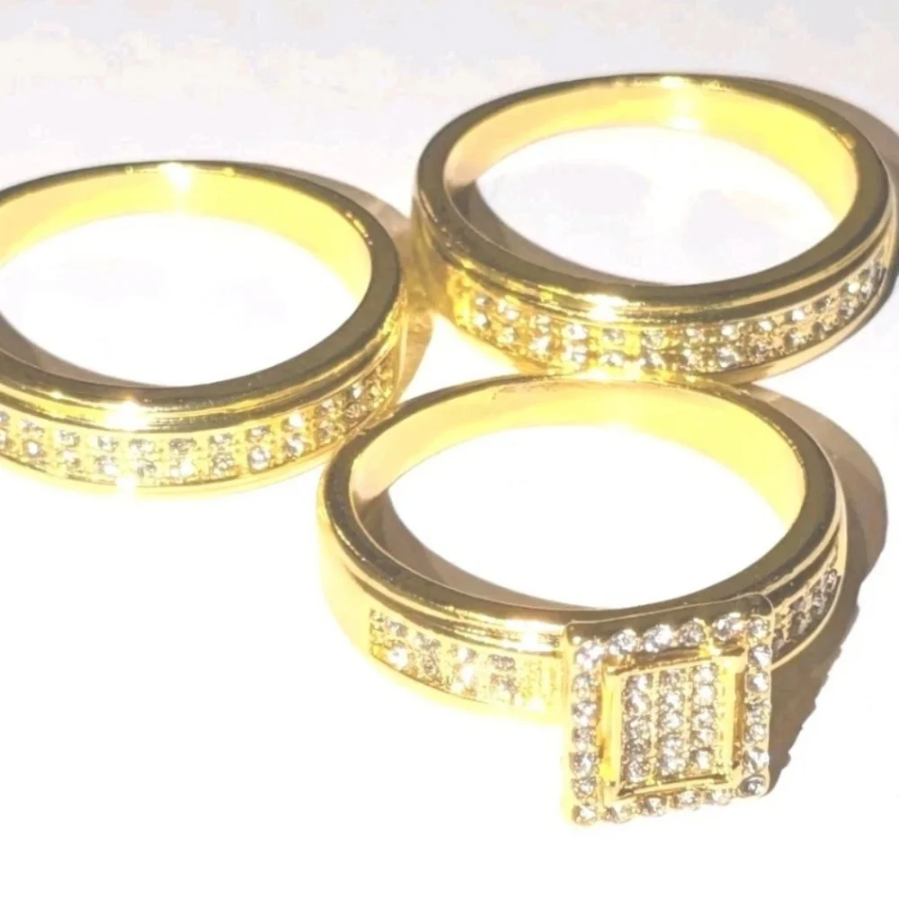 Wedding Bridal His/Her Trio Ring Set 14K Yellow Gold Plated Real Moissanite 3Ct